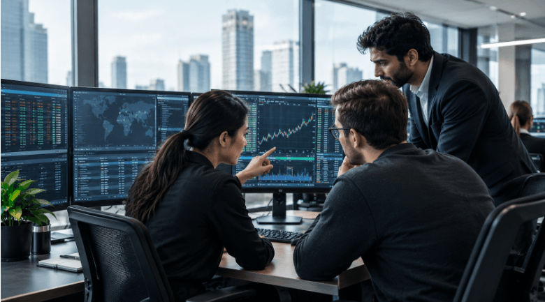 Drovix liquidity provider professionals reviewing financial data on screens in a modern office.