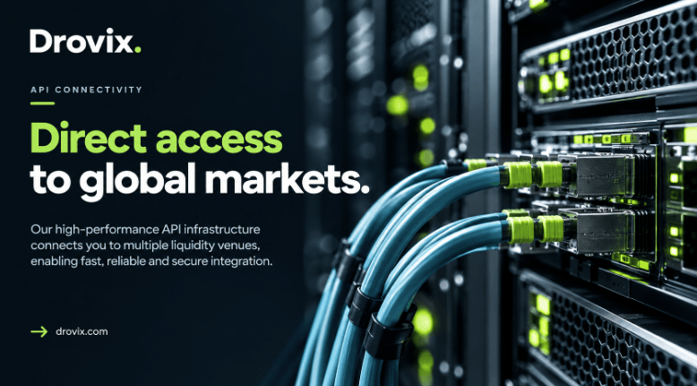 Drovix servers with network cables and API connectivity text promoting global markets worldwide.