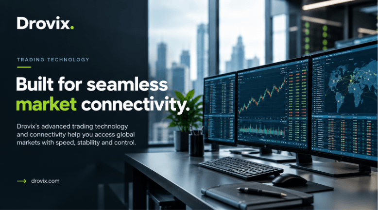 Drovix trading technology banner with market screens, charts, global data and seamless connectivity.