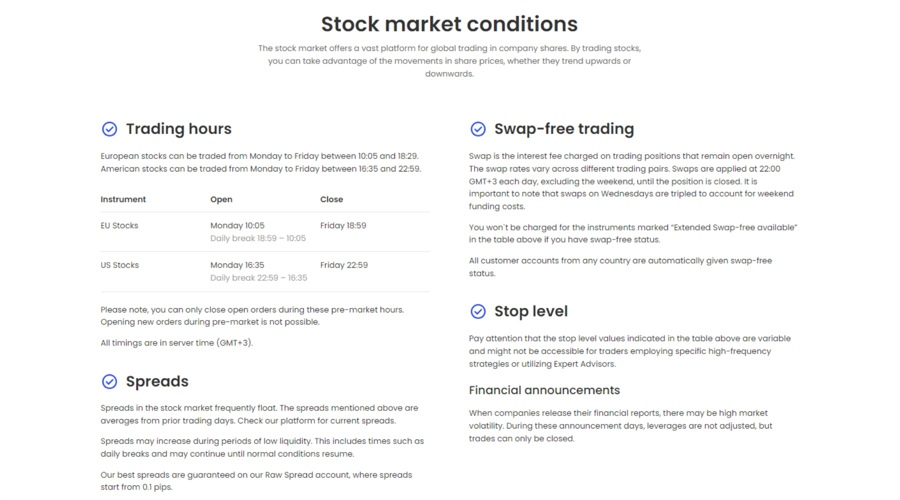 JustMarkets stock market: trading hours, spreads, swap-free, and financial announcements.