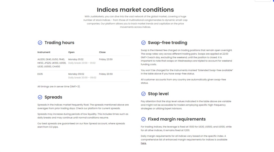 JustMarkets indices market conditions: trading hours, spreads, swap-free trading, and margin.