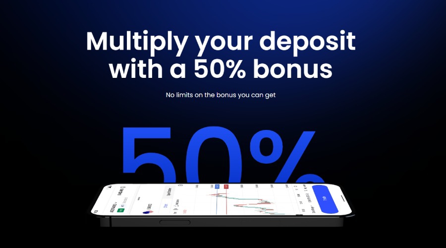 JustMarkets 50% deposit bonus promotion with no limits, available for traders.