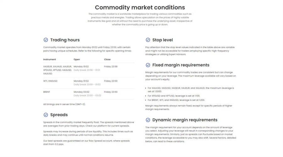 JustMarkets commodity market conditions: trading hours, spreads, fixed margins, and stop levels.