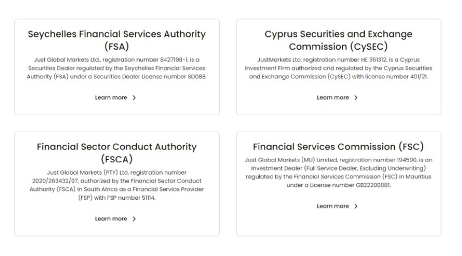 Regulatory bodies overseeing JustMarkets: FSA, CySEC, FSCA, and FSC licensing information.