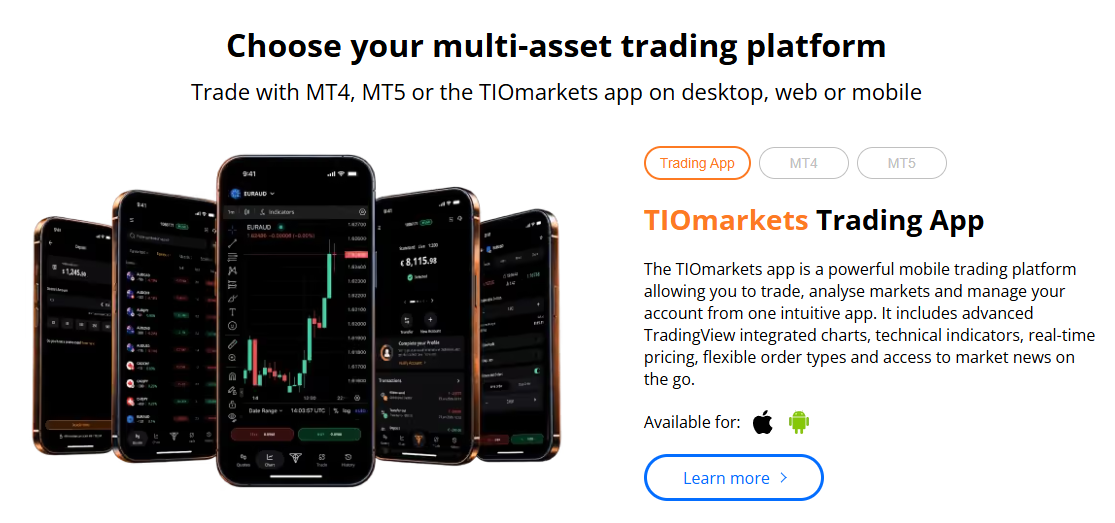 TIOmarkets trading app for market analysis and trade execution
