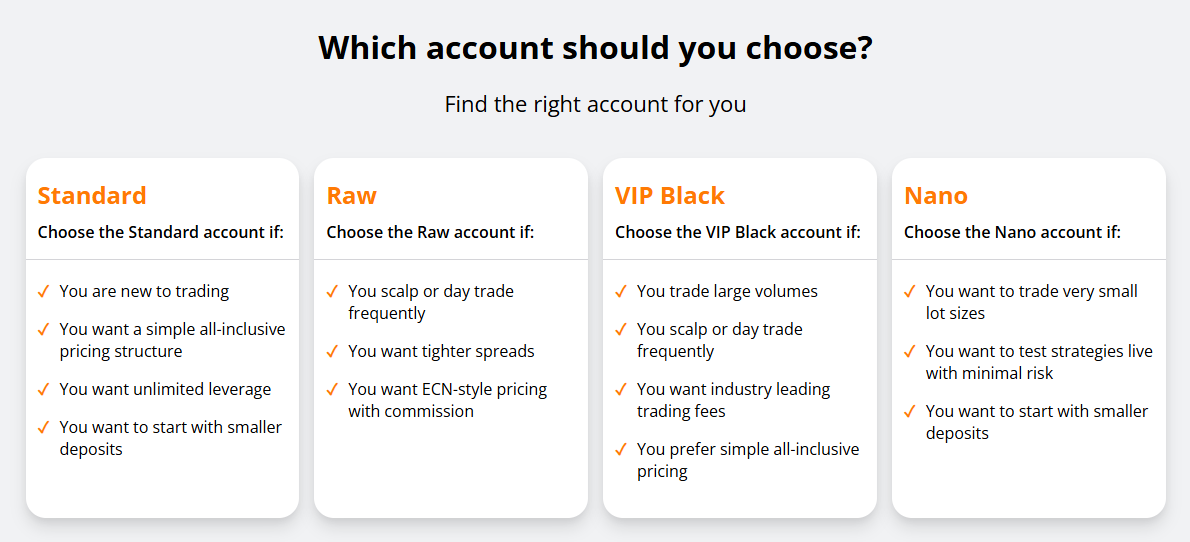 TIOmarkets Trading Accounts: Standard, Raw, VIP Black, Nano