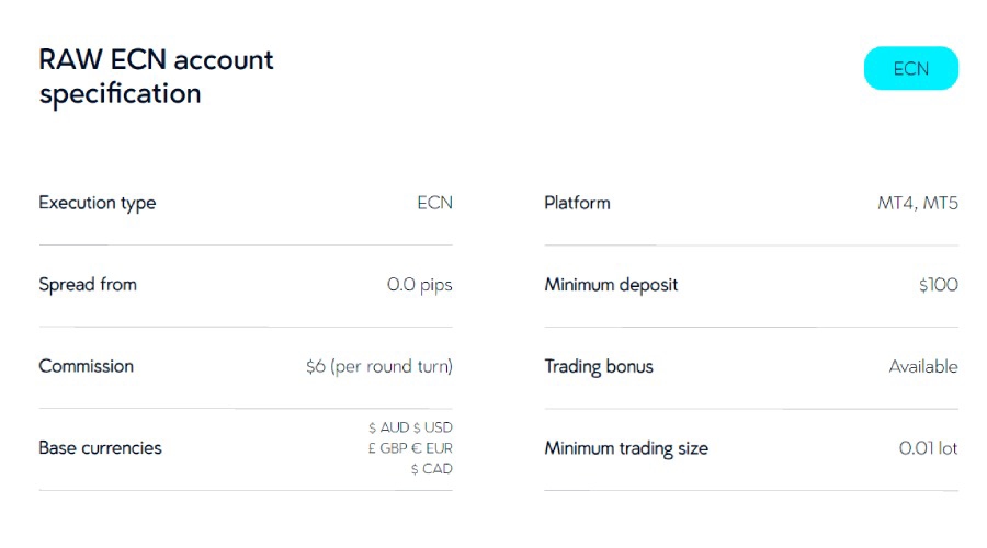 VT Markets RAW ECN account Specification